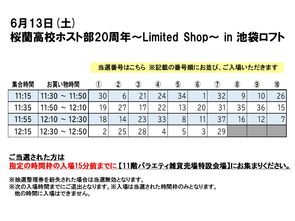 【池袋ロフト】6月13日(土)抽選結果について